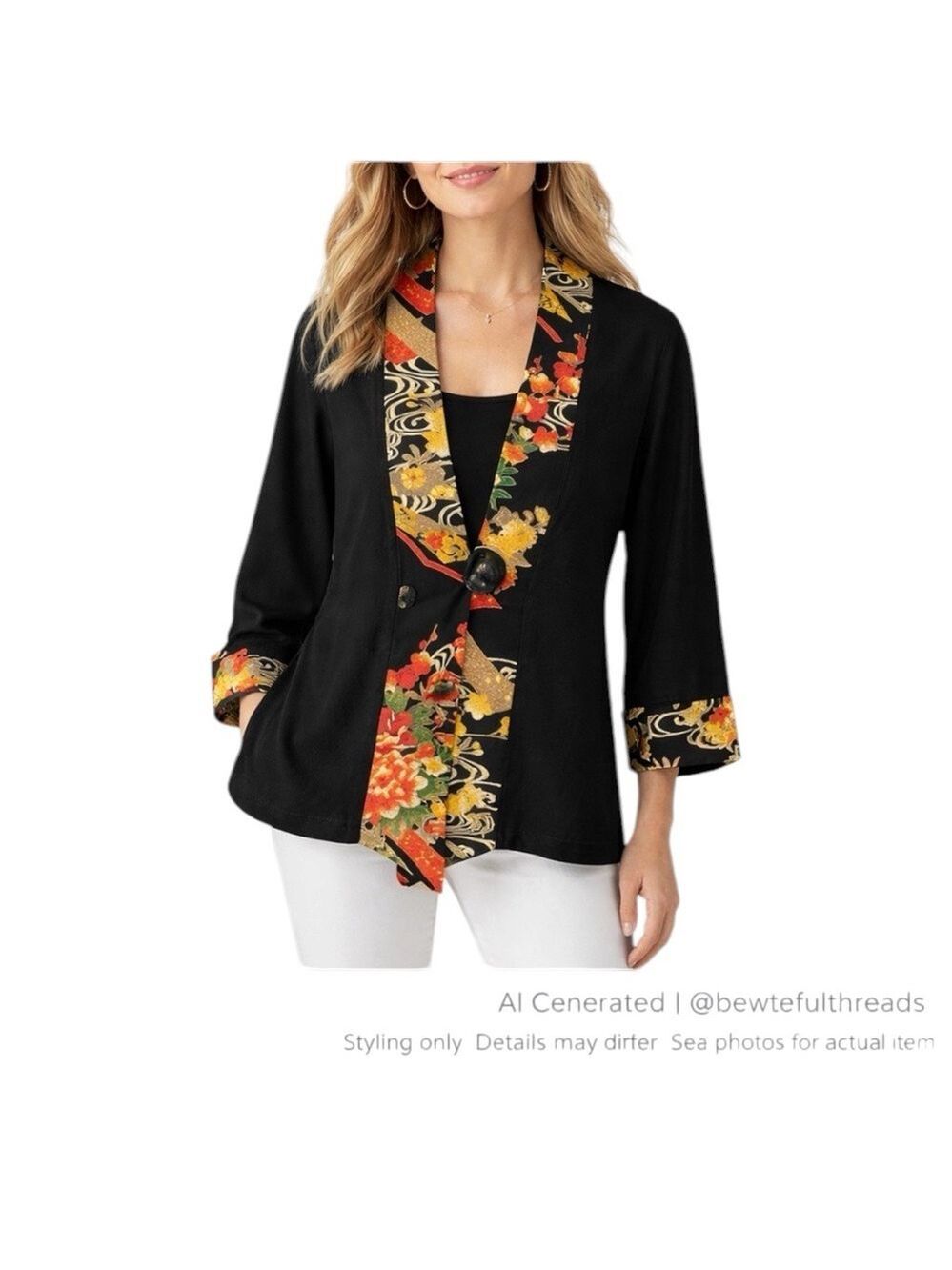 Soft Surroundings Art Wear Jacket Black Japanese Floral Trim Topper M